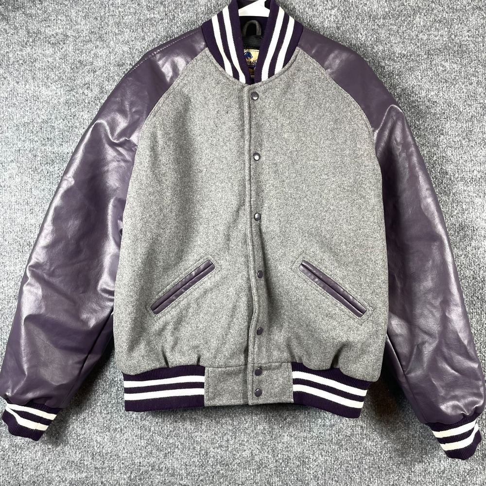 Vintage Maverick Jacket Mens Large Gray Purple Wool Letterman‎ Varsity Blank Y2K